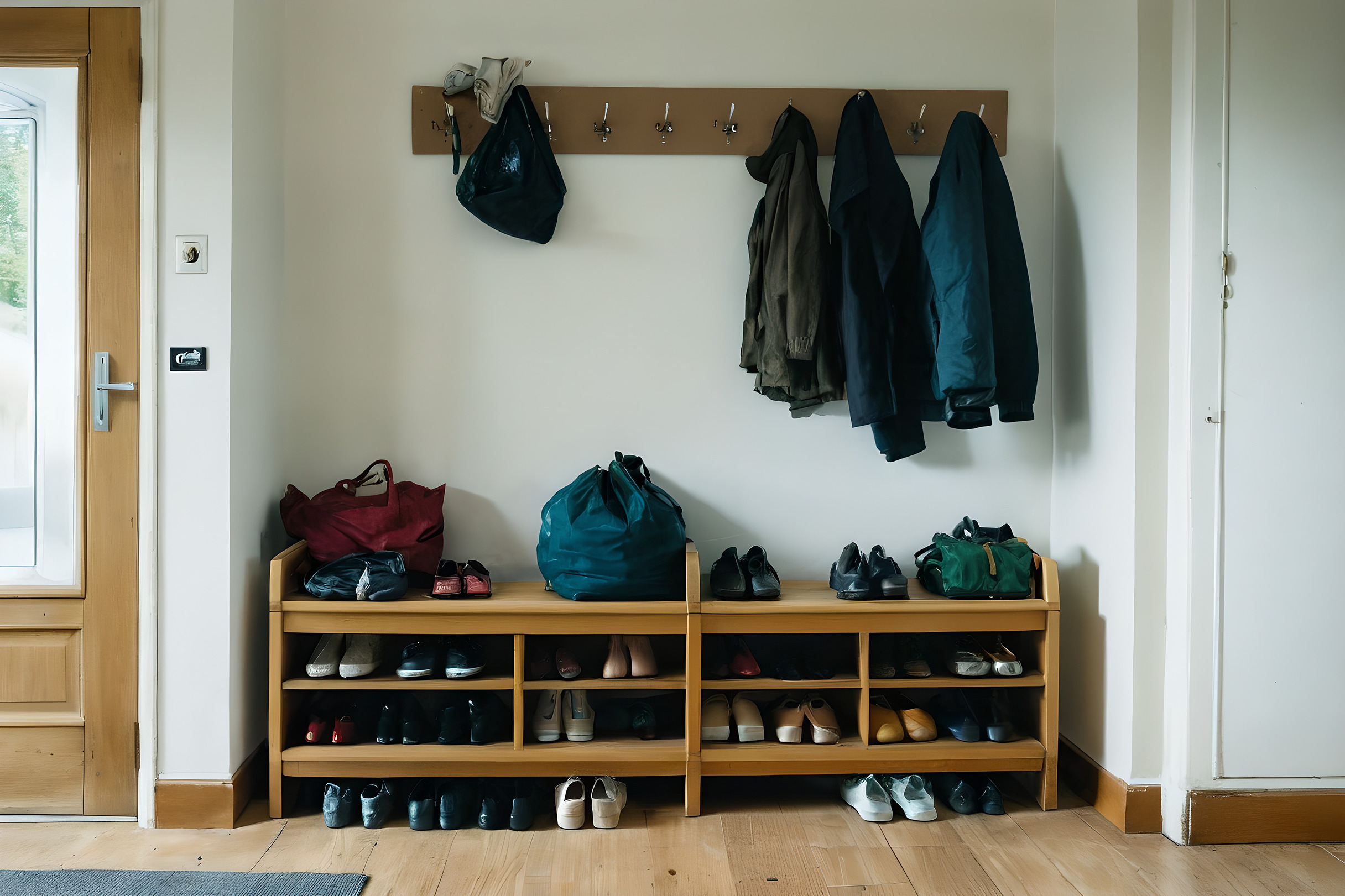 Family entrance hall with shoes on a rack, coats on hooks and bags on the floor