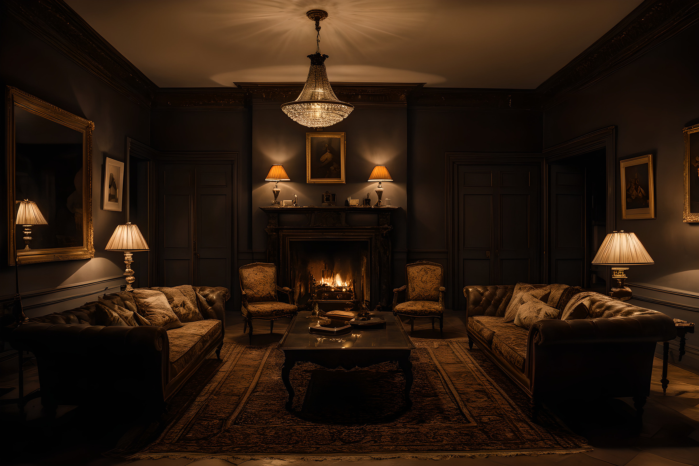Living room after dark lit by table lamps and a floor lamp