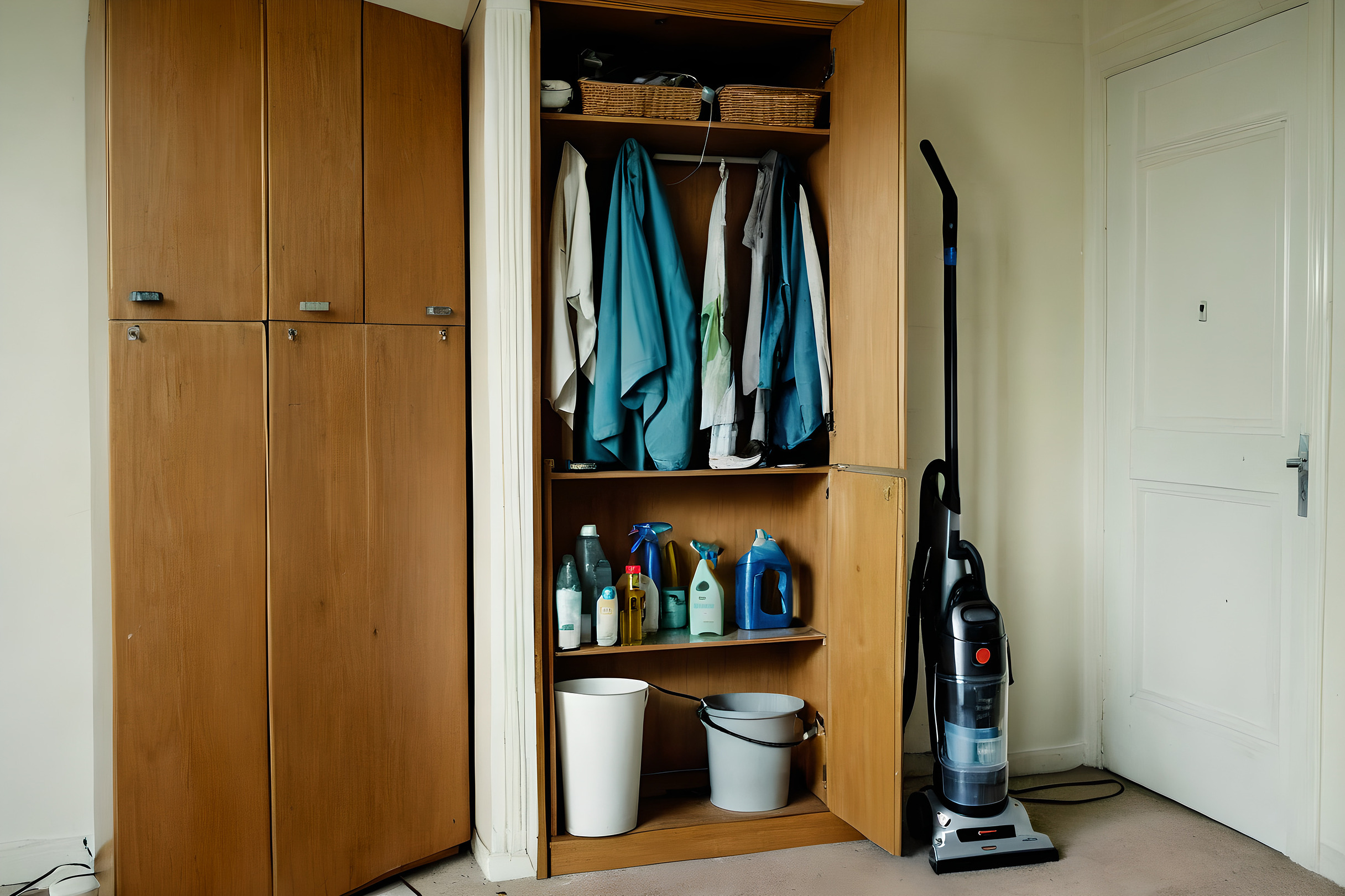 Utility cupboard holding a vacuum cleaner, ironing board, mop and bucket