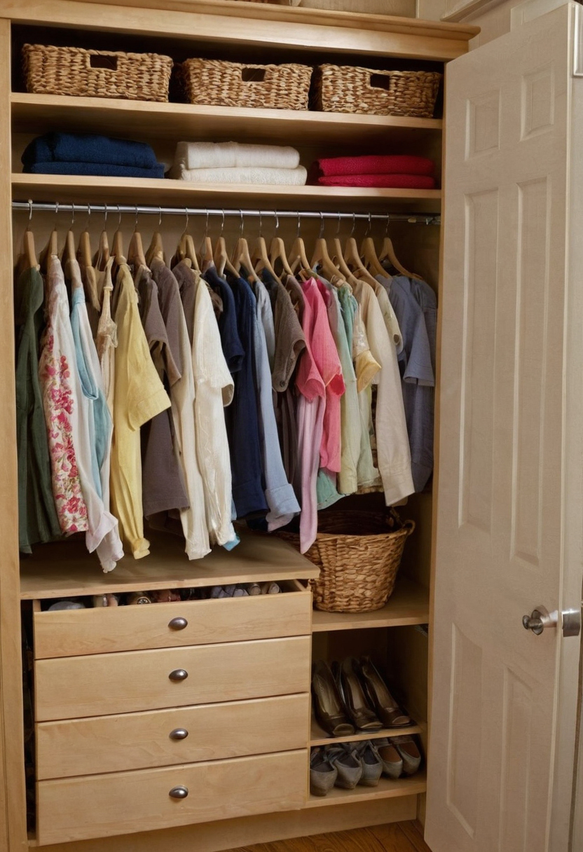 Double rods, shelves, baskets, and drawers fit different small-closet inventories editorial visual